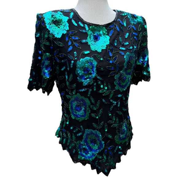 Laurence Kazar Vintage Sequin Silk Beaded Top Medium Floral Glam 80s 90s Party - Picture 2 of 15